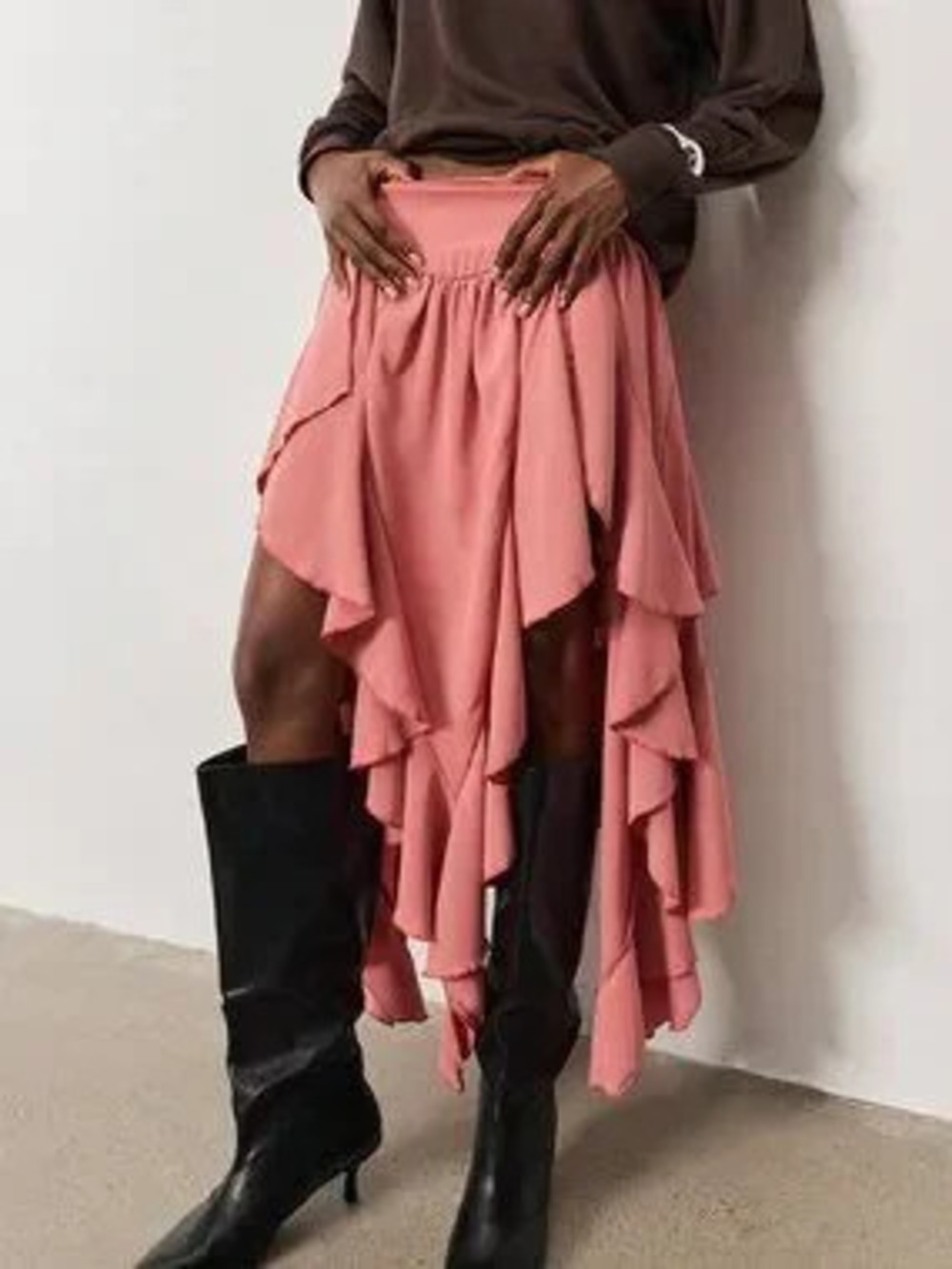 Pink Casual Women's Ruffle Asymmetrical A-Line High Waist Loose Maxi Skirt